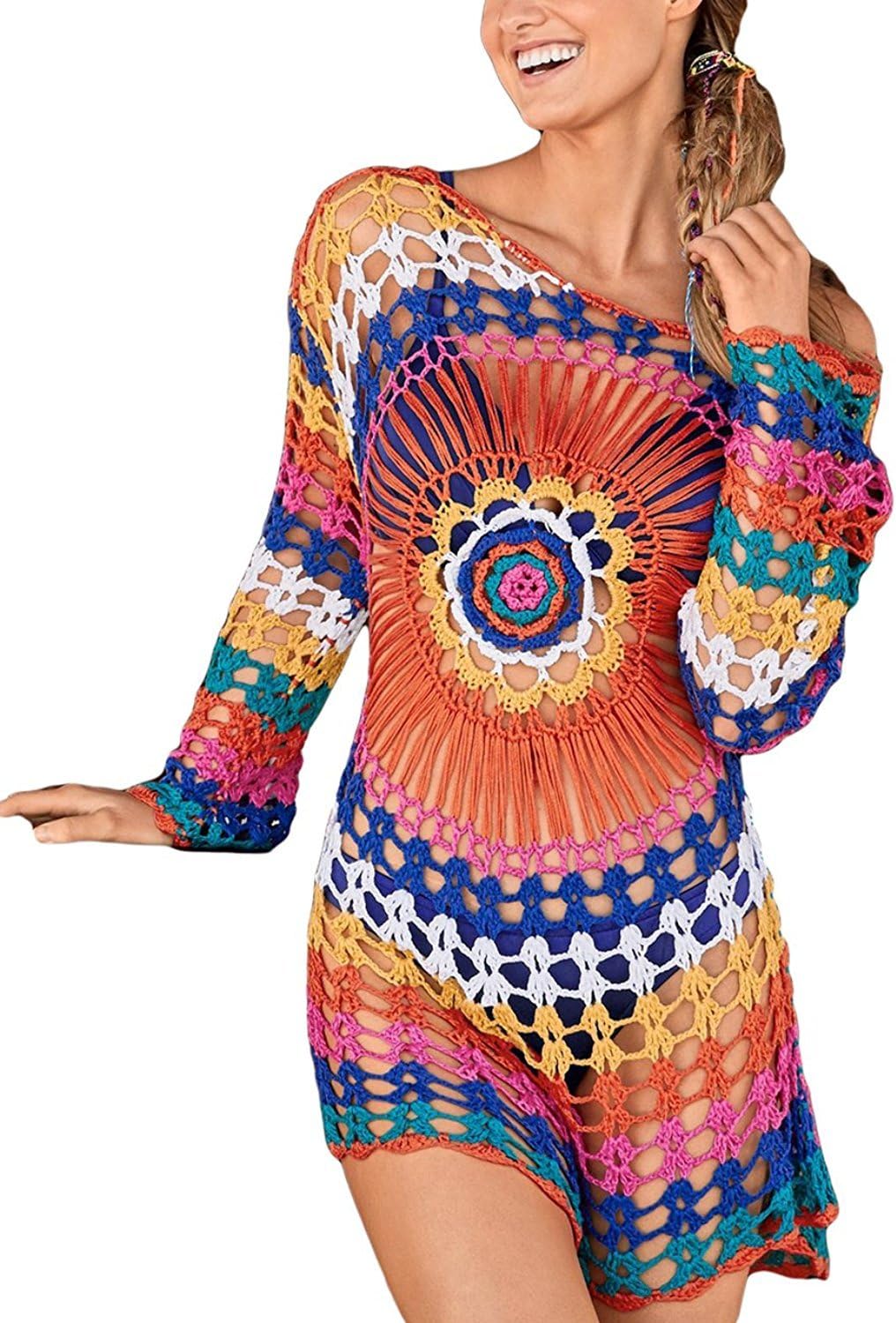 Women's Crochet Lace Bikini Swimsuit Cover Ups Hand Made Floral Vintage Tunic Hollow Out Beach Dresses (08-Rainbow, One Size)
