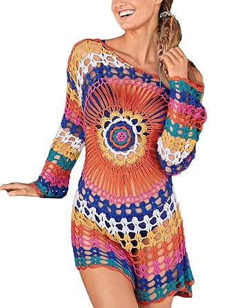 Womens Crochet Lace Bikini Swimsuit Cover Ups Hand Made Floral Vintage Tunic Hollow Out Beach Dresses 08 Rainbow One Size