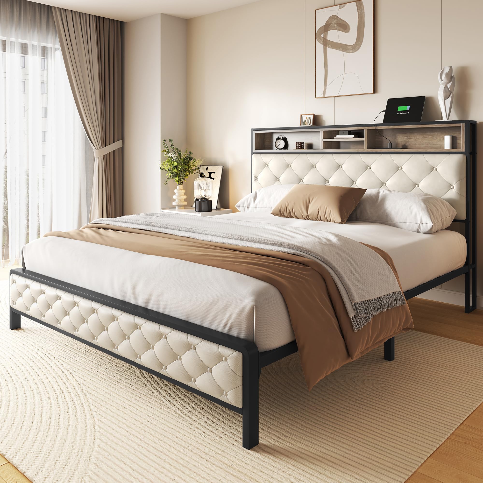 Photo 1 of **BED SIMILAR **  YITAHOME Queen Size Bed Frame, Platform Bed Frame with Charging Station, Upholstered Storage Headboard & Footboard Metal Slats Supports Mattress Foundation, No Box Spring Needed, Beige(No Drawers)