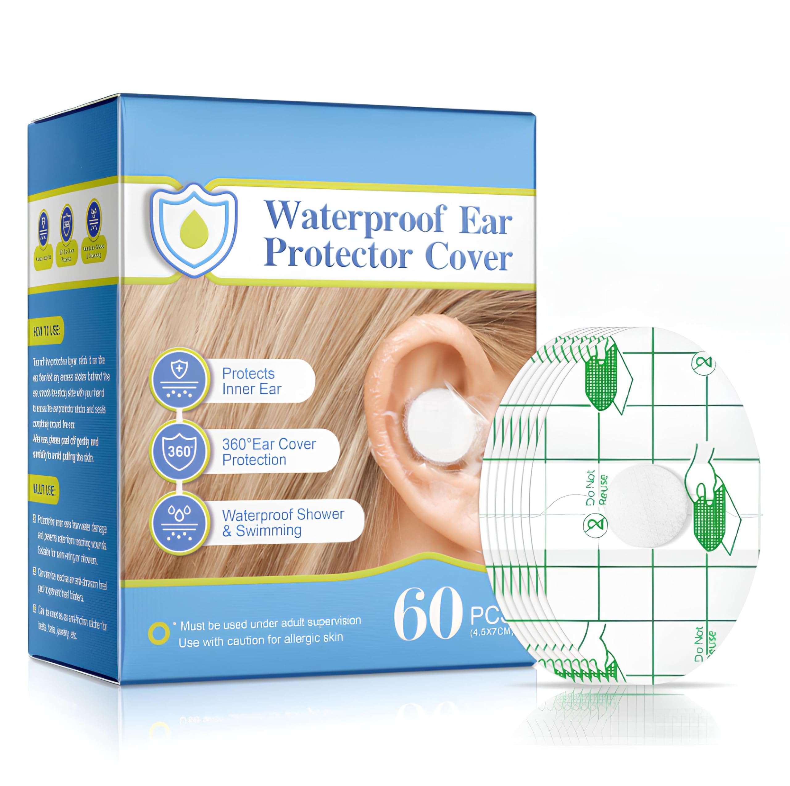 60 Sheets Waterproof Ear Patches, Ear Protectors for Bath, Ear Protectors for Hair Washing, Ear Protectors for Swimming, for Shower Surfing Snorkeling and Other Water Sports