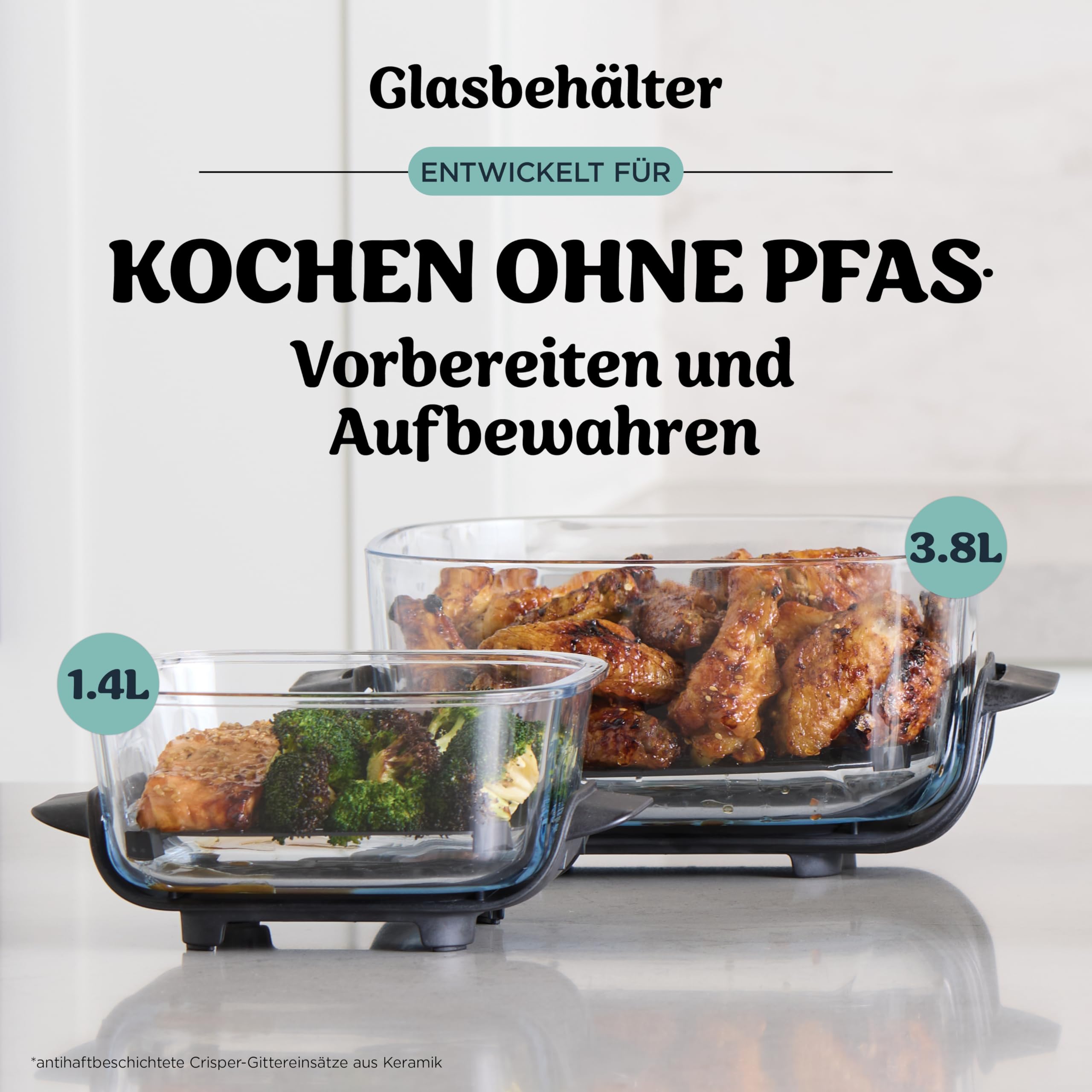 Ninja CRISPi Tragbare Air Fryer Heißluftfritteuse, 3,8 l, 4-in-1: Heißluftfrittieren, Braten, Warmhalten, Recrisp, Kompakt, 6 Portionen, 2 Herausnehmbare Glasbehälter & Deckel, 1700W, Grau FN101EUGY 4