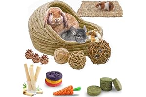 HERCOCCI Extra Large Rabbit Grass Bed, 18 PCS Pet Bunny Chew Toys - Handmade Woven Hay Bed and Hideout with Straw Hay Mat for Bunny Guinea Pig Chinchilla to Play Sleep Eat (Large)
