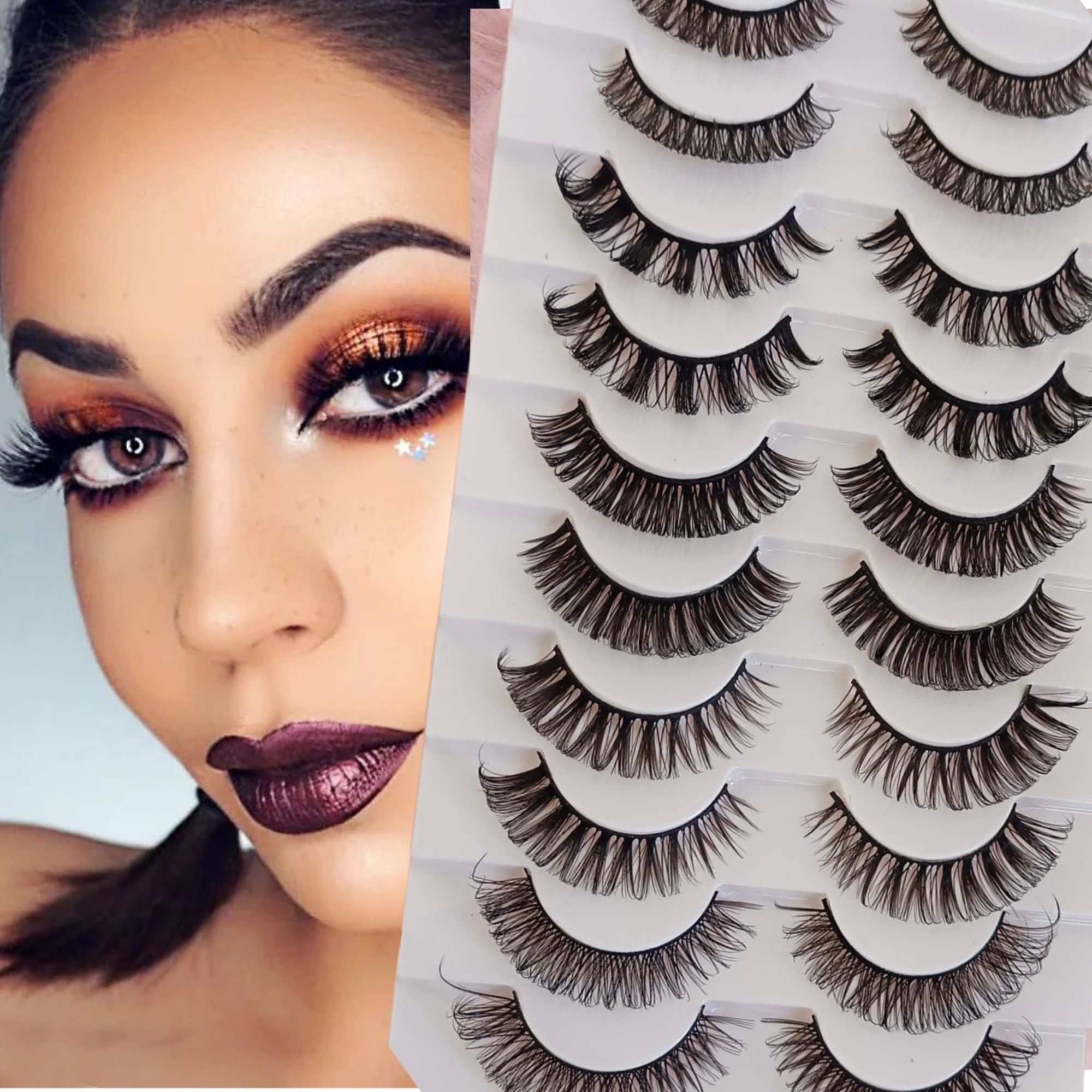 Eyelashes Soft 10 pairs Natural Looking Handmade 1 pack of 10 pcs Cat Eyelashes Fake Russian Reusable D Curl False Eyelashes (DH06-H5 Multi-Sizes)