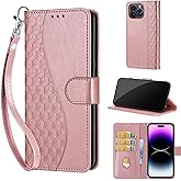 KENHONER Designed for iPhone 14 Pro Max Case Wallet,Women Flip Folio Cover with Embossed PU Leather Stand Credit Card Holders Slots Wrist Strap Phone Case for iPhone 14 Pro Max 6.7 Inch (Rose Gold)