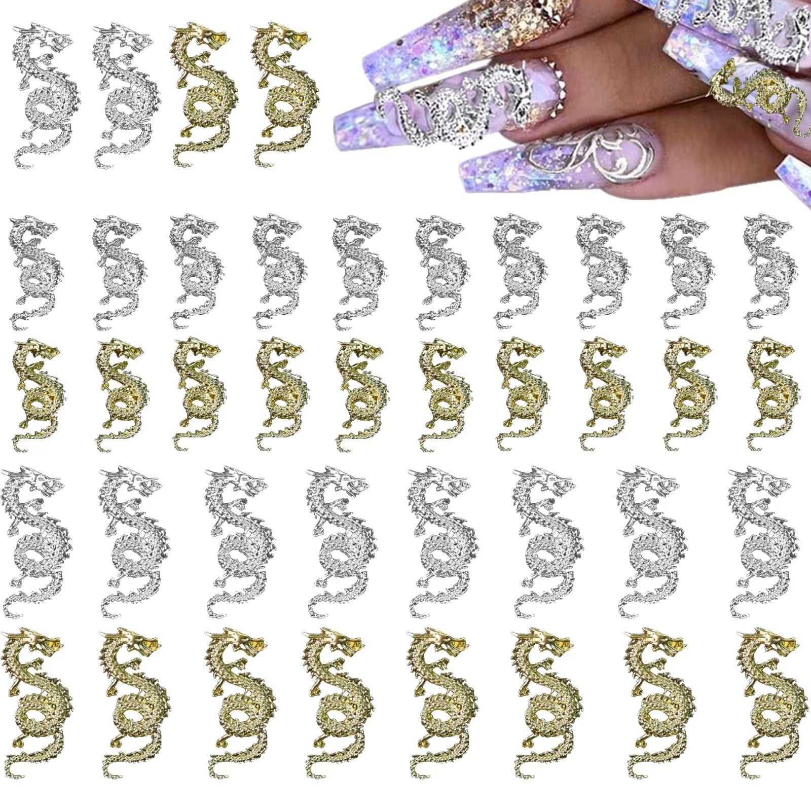 RUNRAYAY 40Pcs Gold & Silver Dragon Nail Art Studs for 3D Nail Charms, Dragon Nail Decoration for Women Girl DIY Nail Art Decor
