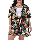 Agnes Orinda Plus Size 2 Piece Outfit for Women Tropical Print Kimono Floral Tops and Shorts Sets Vacation Holiday