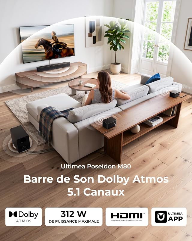 5.1 Barre de Son TV avec Dolby Atmos, Caisson de Basses Sans Fil