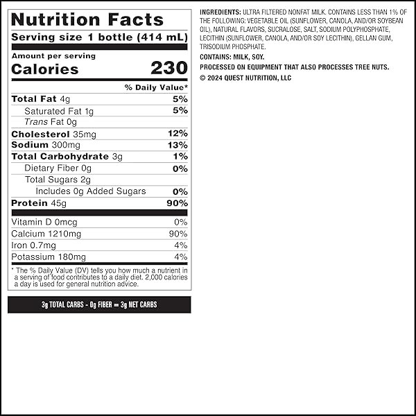 QUEST NUTRITION PROTEIN MILKSHAKE, VANILLA, 45G PROTEIN, 2G SUGAR, HIGH PROTEIN, LOW SUGAR, GLUTEN FREE, 1 COUNT