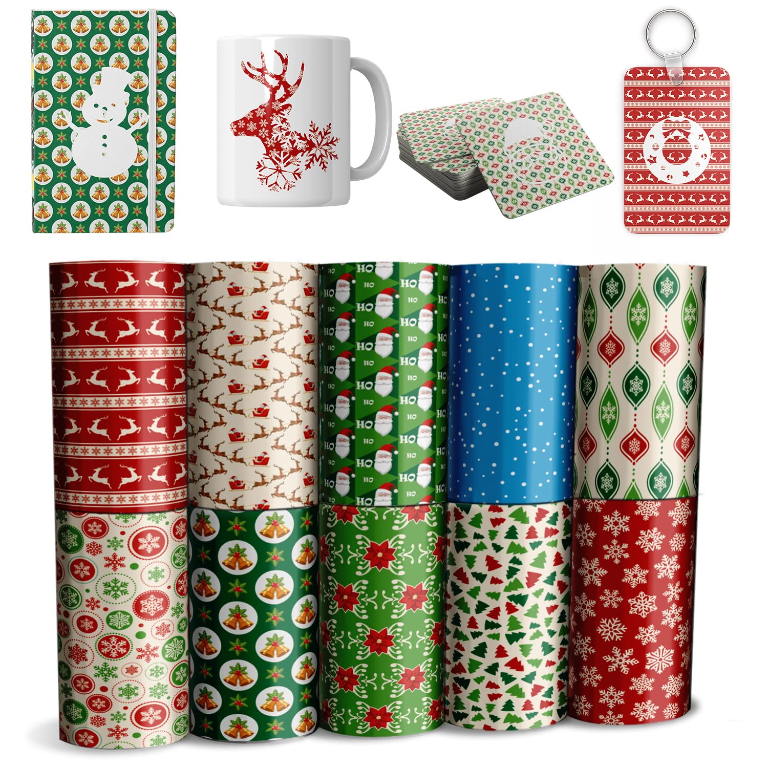 Christmas Insoluble Transfer Sheets for Mug,WOWOCUT Trees Snowman Insoluble Paper for Sublimation,10 Sheets 4.5"x12" Pre-ed Transfer Paper for Poly Coaster/Fabric