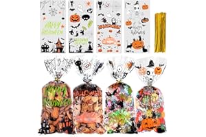 JMANNI Halloween Cellphane Candy Bags, 120pcs Halloween Plastic Clear Treat Bags, Candy Bags Bats Pumpkin and Spider Halloween Goody Bags with Twist Ties for Kids Trick or Treat,Halloween Party