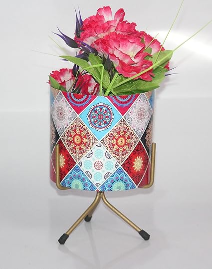 Elegant Crafts India Mordern Design Table or Outdoor Planter with Rust Free Metal Stand Plant Container Set Pack of 1 Width X Height 06X7.5 Inches (Floral Pattern Design)