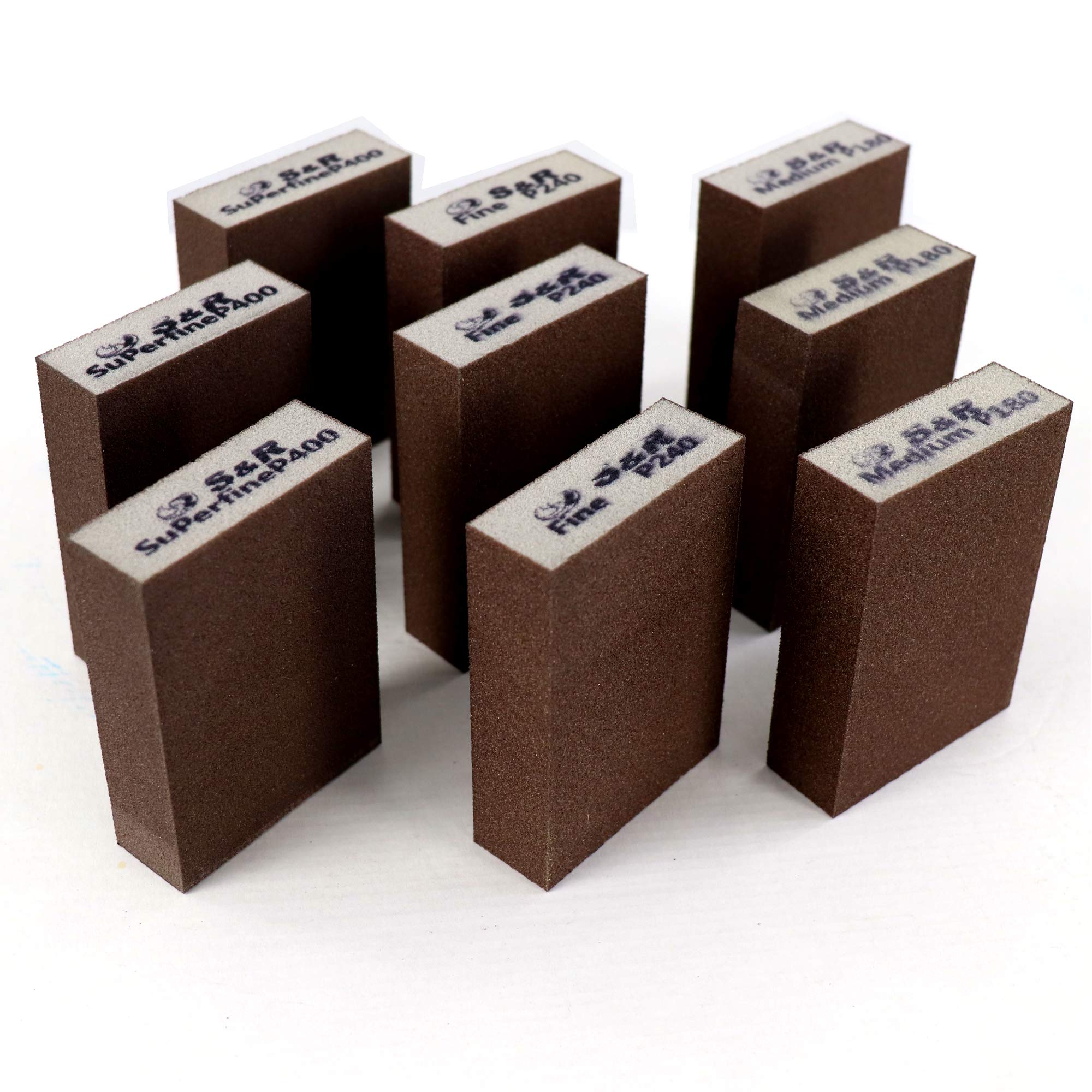 S&R sanding sponge set 9 pcs (100 * 70 * 25mm) hand grinder in medium 3xP180, fine 3xP240 3xP400 for grinding/polishing metal, wood, steel, stainless steel.