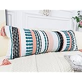 NUYECY Chenille and Cotton Long Pillow for Bed,Striped Textured Boho Long Lumbar Throw Pillow Cover 14x36,Neutral Accent Decorative Extra Long Body Pillow Case for Couch Sofa Bedroom,Turquoise