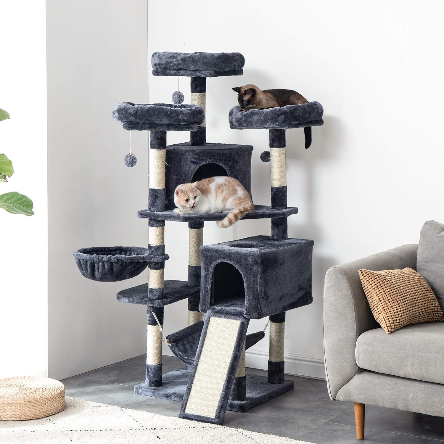 IBUYKE 63 inches Multi-Level Cat Tree Tower for Large Cats Play Furniture Cat Condo with Sisal Scratching Posts&Board, Platforms, Hammock Basket, Dangling Balls, Smoke Gray UCT021G : Pet Supplies