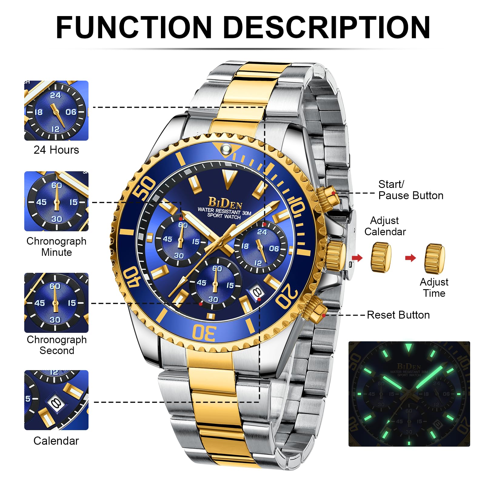 HANPOSH Men's Watch Chronograph Stainless Steel Watches Men's Waterproof Watch Men's Quartz Watches with Date Business Casual Watch for Men