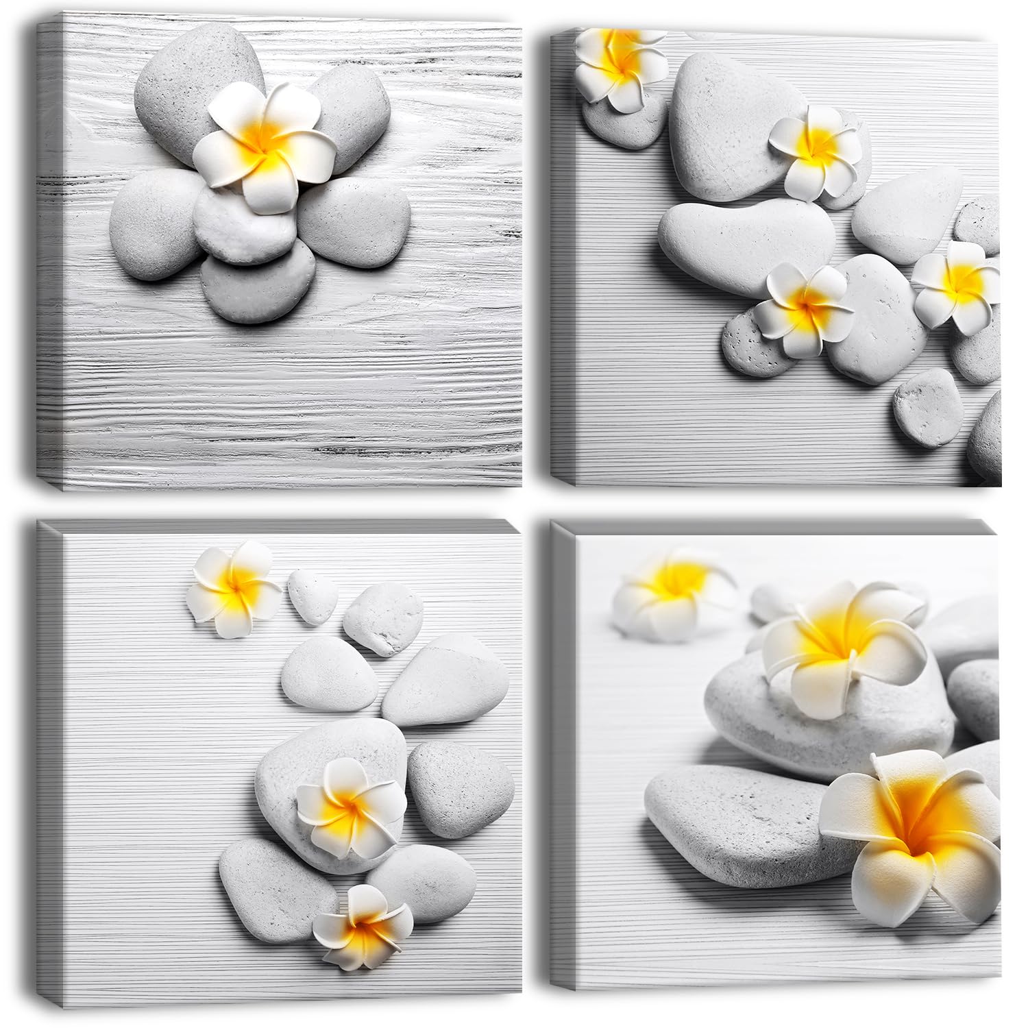 Artscope 4 Pieces Wall Art Canvas Prints - Art of Stone with Yellow Flowers Picture Painting- Modern Wall Artwork Framed for Bathroom Home Office Decor - 30 x 30 CM