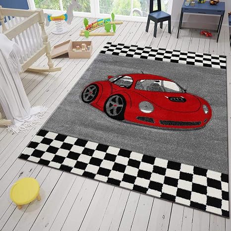 Vimoda Moderner Kinder Teppich Car Auto Rennwagen Kurzflor Frisee