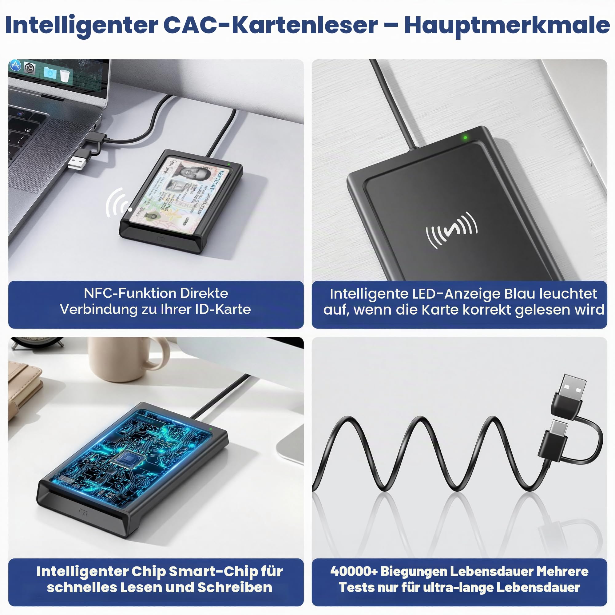 USB‑A & USB‑C Chipkartenleser mit NFC, SmartCard Reader DOD Military Kartenlesegerät für den Neuen Personalausweis, Bankkarten, kompatibel mit Windows, macOS, Linux, Android & PC – 95 cm Kabel 8