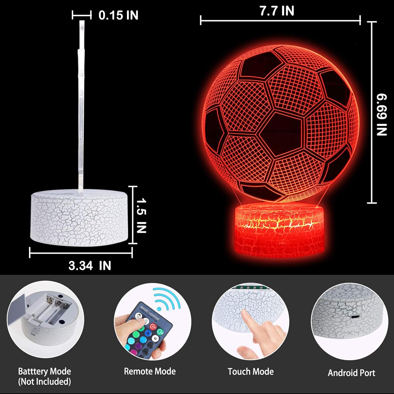 MARZIUS Football 3D Illusion LED Table Lamp Bedroom Night Light with Lighted Base,16 Colors Change,Soccer Ball Gifts for World Cup Fans,Men - Image 4