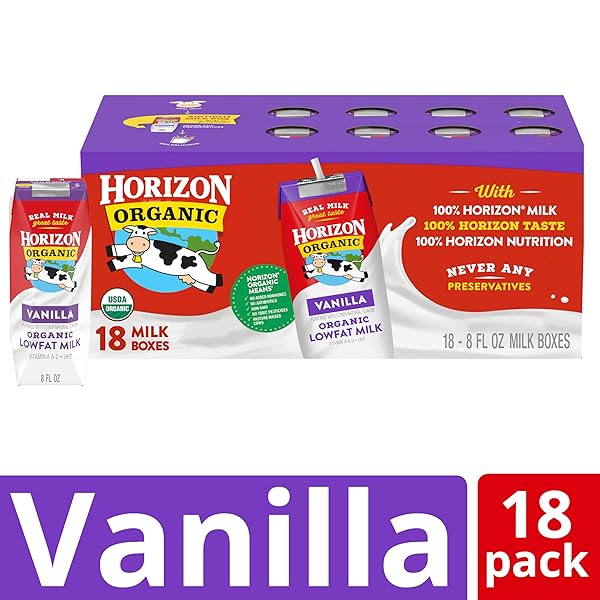 HORIZON ORGANIC SHELF STABLE 1% LOWFAT VANILLA MILK BOXES, 8 FL OZ, 18 COUNT – 8G PROTEIN PER SERVING, USDA ORGANIC UHT, READY TO DRINK FOR LUNCHBOX, TRAVEL, OR ON-THE-GO, NO REFRIGERATION NEEDED