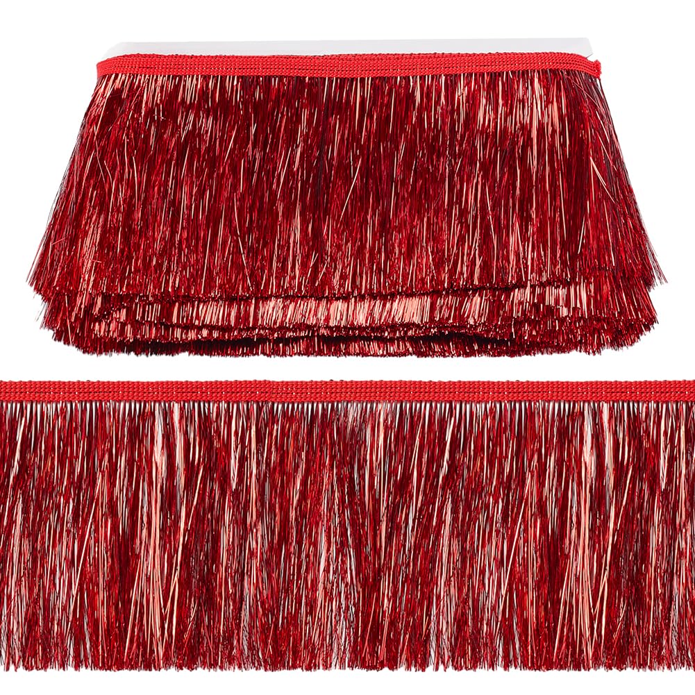 MAYJOYDIY 10mx10cm Red Wide Metallic Fringe Trim, Shiny Tinsel Fringe Tinsel Trim Tassel Polyester Ribbon Trim for Dance Costume Dress Stage Clothes Party Decor DIY