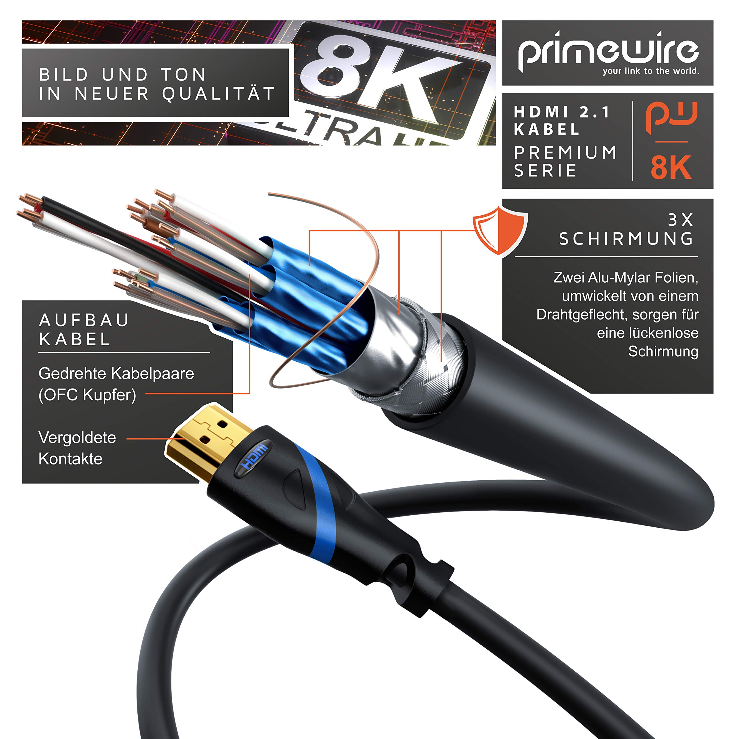 CSL - 8k HDMI Kabel 2.1 - zertifiziertes Kabel - 2m - 4k@120Hz 8k@60Hz - UHD II - Ultra High Speed Ethernet 48Gbps - HDMI 2.1 16k / 2.0 4k - HDR 10+ eARC 3D VRR HDCP 2.2&2.3 - Gaming TV PS5 Xbox 2
