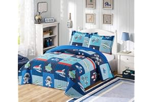 Golden Quality Bedding Twin Size Kids Bedspread Quilts Throw Blanket for Teens Boys Bed Printed Bedding Coverlet Multi Color Navy Blue Astronaut in Space, Spaceship, Satellite Station # 19-04 Twin