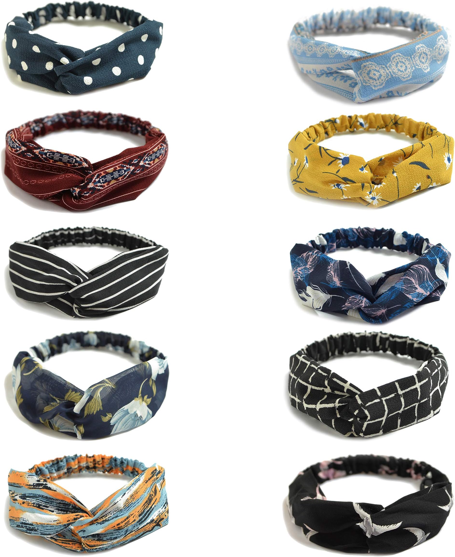 10 Pack Women's Headbands Boho Flower Printing Twisted Criss Cross Elastic Hair Band Accessories