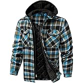 CHEXPEL Flannel Jackets for Men Long Sleeve Plaid Shirt Jacket Quilt Lined Hooded with Button Down Winter Coat