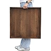 Gurfuy Square Wood Ottoman Serving Tray 24" - Rustic Wooden Table Tray for Farmhouse Decorative Oversized Coffee Table Trays Living Room Kitchen Counter Breakfast Brown