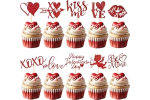 ZYCOZZN 60 Pcs Happy Valentine's Day Cupcake Toppers,Glitter Cupid Love Heart Lip Kiss Me Be Mine XOXO Cupcake Picks for Valentine's Day Theme Wedding Party Cake Decorations Supplies,Red