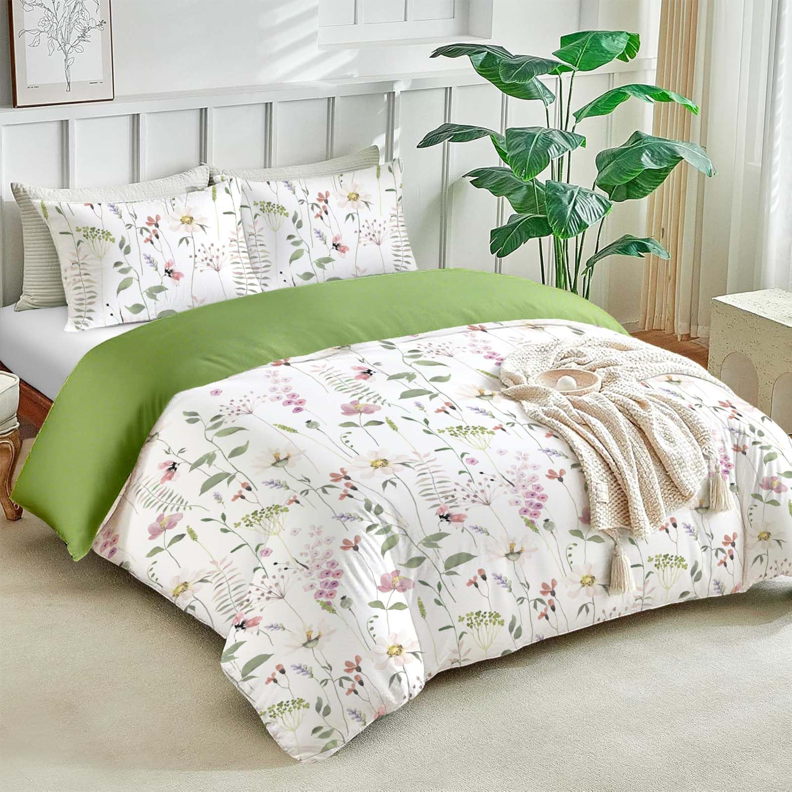 HOMHOMHA Green Floral Bedding Double Bed Duvet Cover And Pillowcase Set Luxury Aesthetic Microfibre Bedding Flower Decor For Adult 200x200cm Quilt Cover (FL01, Double)