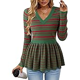 Furnex Women's Pullover Sweaters 2025 V Neck Casual Long Sleeve Fashion Peplum Tops