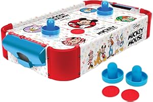 World Tech Toys Mickey Mouse, Minnie, Donald, Daisy & Goofy Air Hockey Table for Kids - Wooden Tabletop Game with Puck, Pushers & Air Flow System - Disney Licensed - 4+