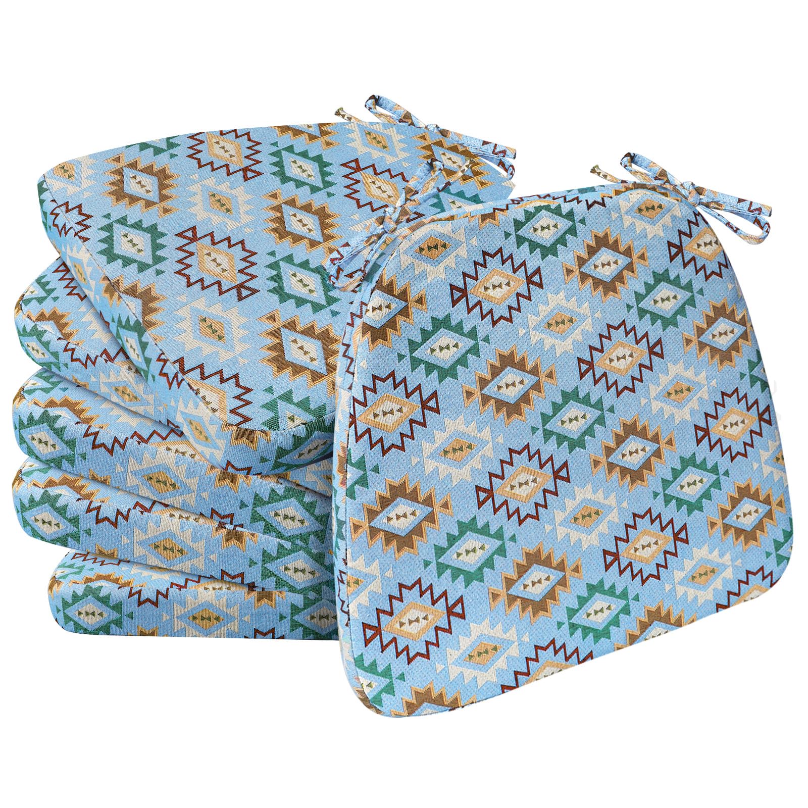 AAAAAcessories D-Shaped Chair Cushions, 2" Thick Dining Chair Pads with Ties and Removable, Machine-Washable Cover, 17" x 16", Set of 6, Geometric Blue Image