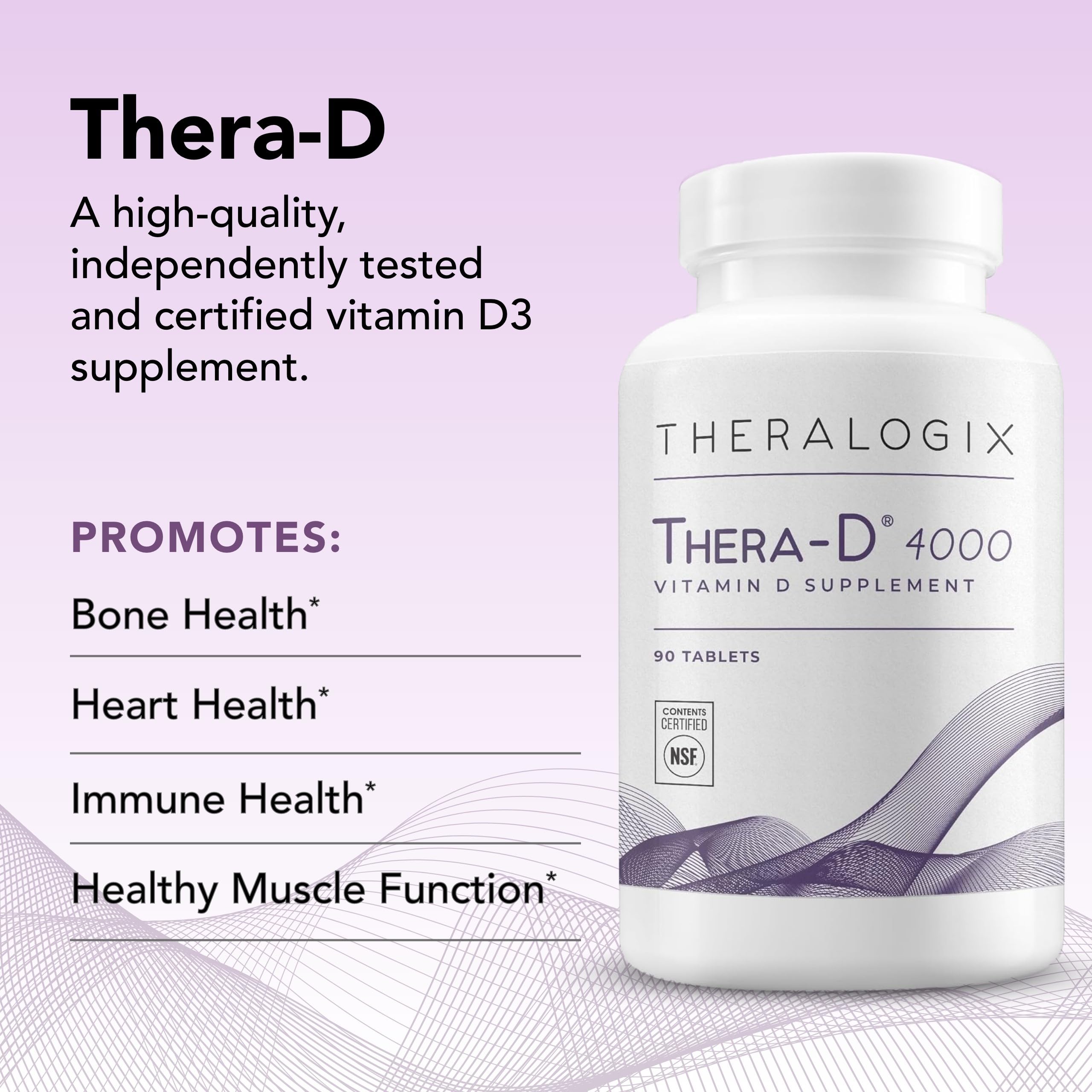 Theralogix Thera-D 4000 Vitamin D Supplement - 4,000 IU (100 mcg) Vitamin D3 Tablets - 90-Day Supply - Immune Support Supplement for Women & Men - Aids Bone & Heart Health - NSF Certified - 90 Tablets