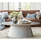 win2win Oval Coffee Table, Modern Faux Stone Coffee Table with Fluted Design, Travertine Center Table with Tapered Base, Mini