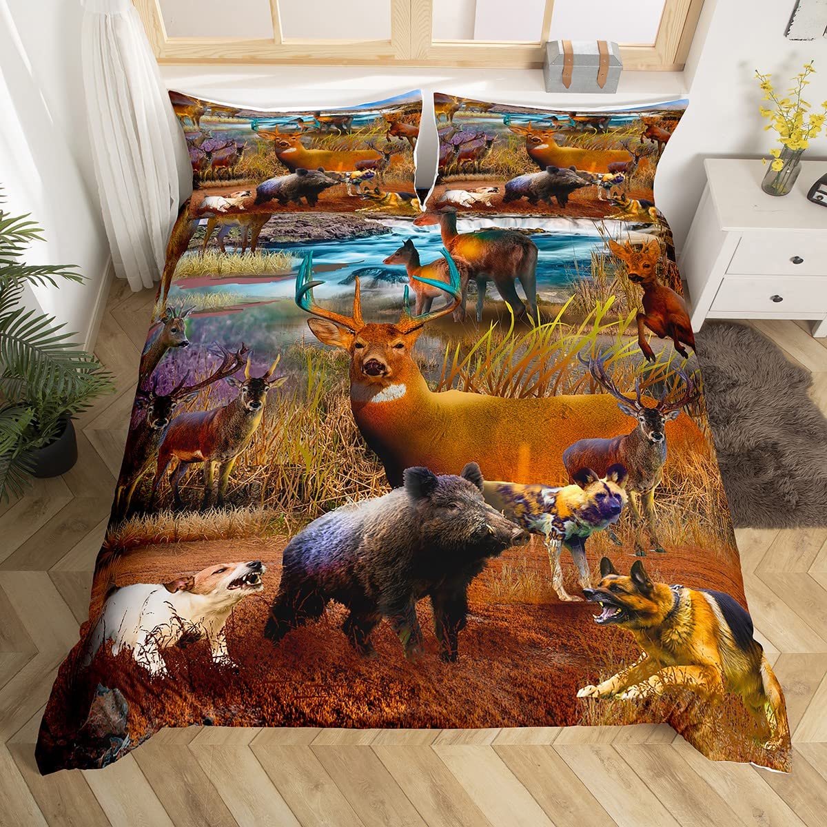 Loussiesd Deer Wildlife Bedding Set for Girls Boys Children Hunting Theme Bed Cover Antlers Dog Pig Pattern Duvet Cover Wild Animals Print Bedspread Cover Double Bedding Collection 3Pcs Boys — image 1