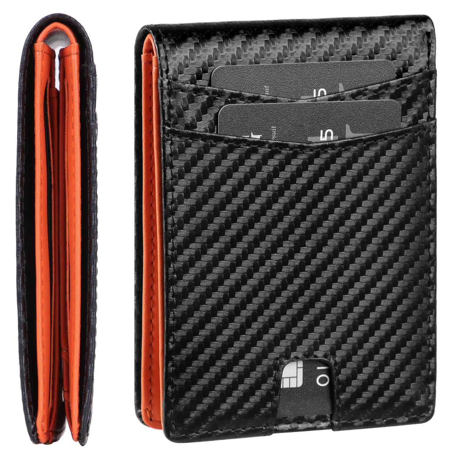 GSG Men's RFID Blocking Bifold Wallet – Genuine Leather Slim Front Pocket Wallet with 10 Card Slots, Gift Box & Discreet Tracker Slot for AirTag or Similar Device, Black, Carbon Fiber Black and Orange