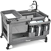4-in-1 Baby Bassinet with Mattress - One-Push Setup Playard - Bedside Crib with Diaper Changer from Newborn to Toddler (Grey)