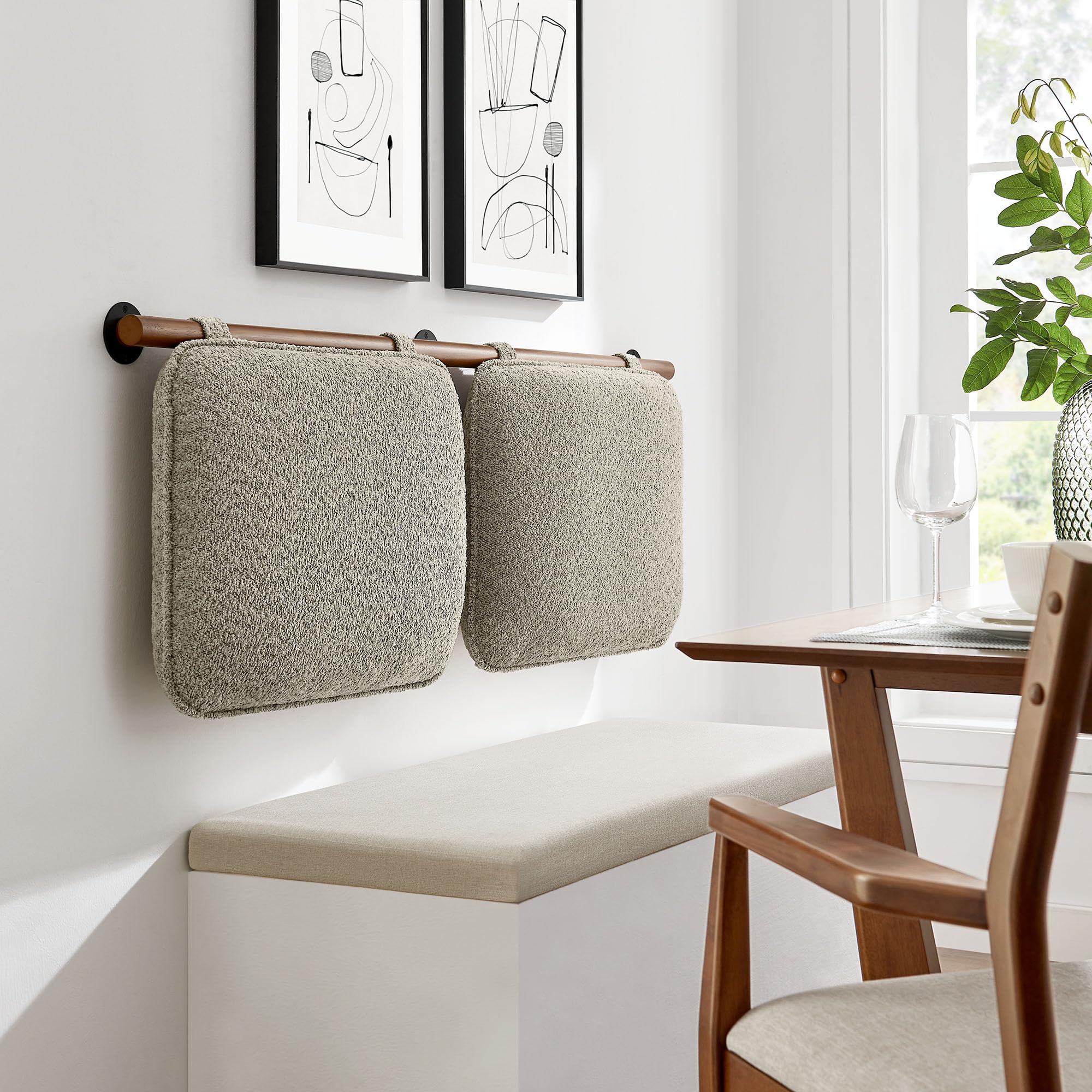 Photo 1 of Modway Anela Chenille Upholstered Wall-Mounted Headboard Queen Size in Oatmeal Walnut – Floating Padded Headboard with Wood Bar and Two Cushions for Queen Bed – Hanging Back Cushions for Bench