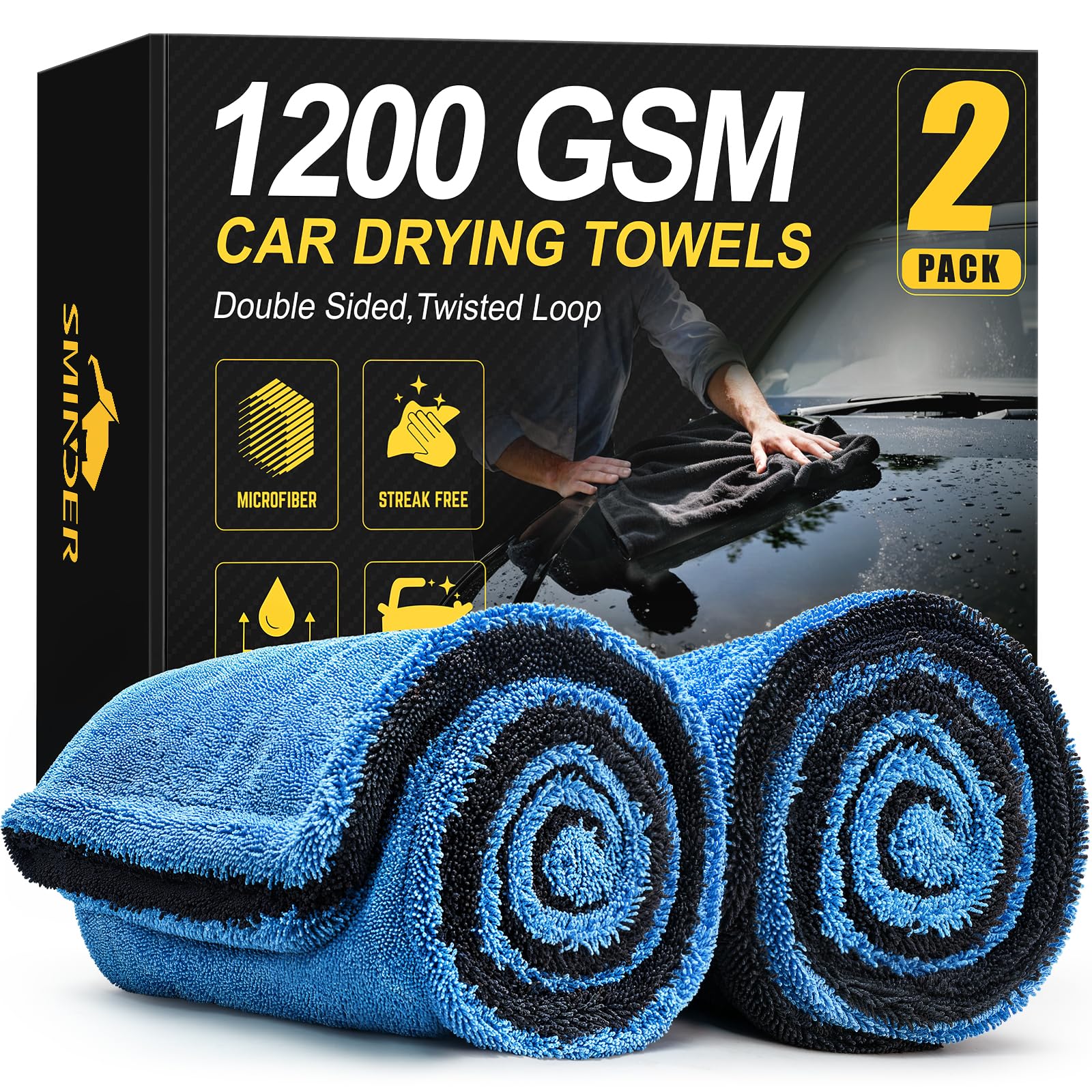 SMINDER 2-Pack 1200 GSM Car Drying Towels – Microfiber Towels for Cars (36" x 24"), Ultra-Absorbent, Streak-Free, Scratch-Free, No Water Spots, Double-Twist Pile & Edgeless Design(Blue)
