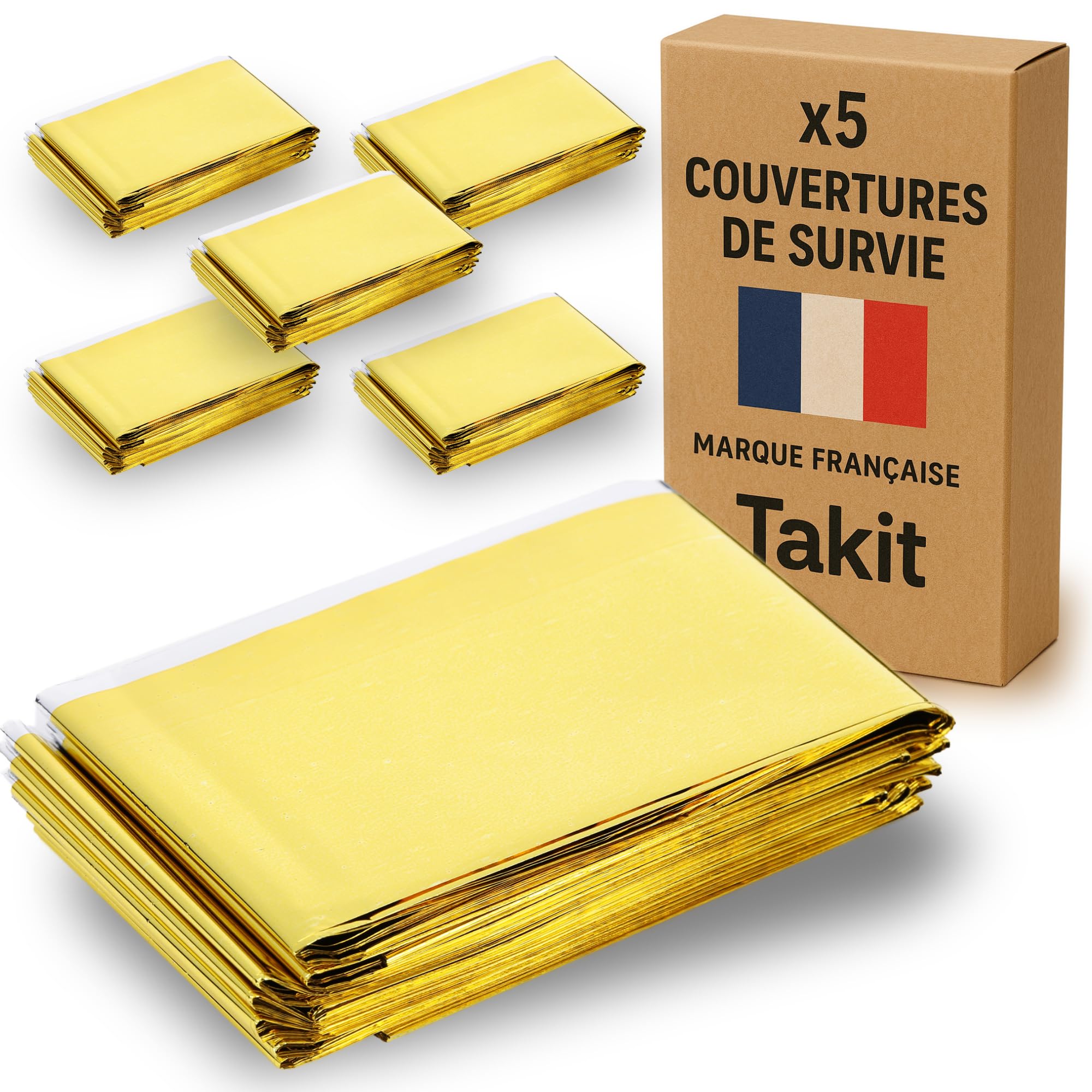 Takit Survival Blanket 5X - Reusable - Extra Large - 210 x 160 cm - Waterproof - Mylar Survival Heated Blanket for Camping, Hiking, First Aid - Gold & Grey