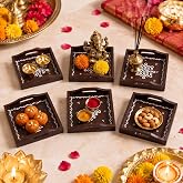 6 Pcs Diwali Table Tray with Handle Return Gift for Pooja, Brown, 5.9 Inch | Deepavali Kolam Wooden Tray, Ideal Return Gifts, Housewarming, Indian Festival Decoration