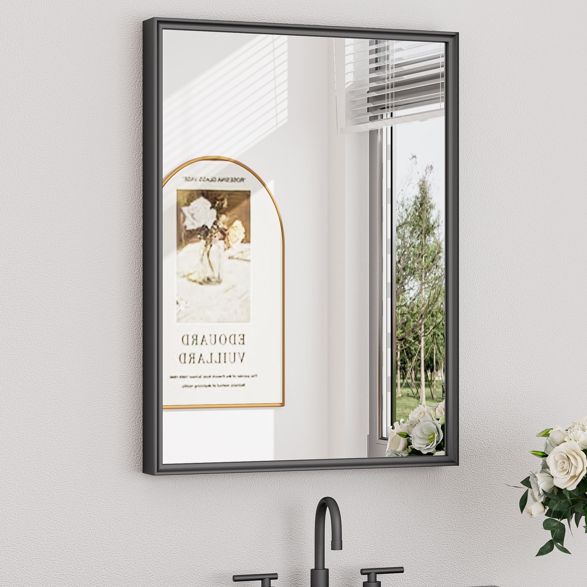 Keonjinn Black Bathroom Mirror 22 x 30 Inch, Stainless Steel Metal Framed Wall Mirror for Over Sink, Anti-Rust, Tempered Glass, Upgrade Installation, Rectangluar Square Corner, Matte Black Image