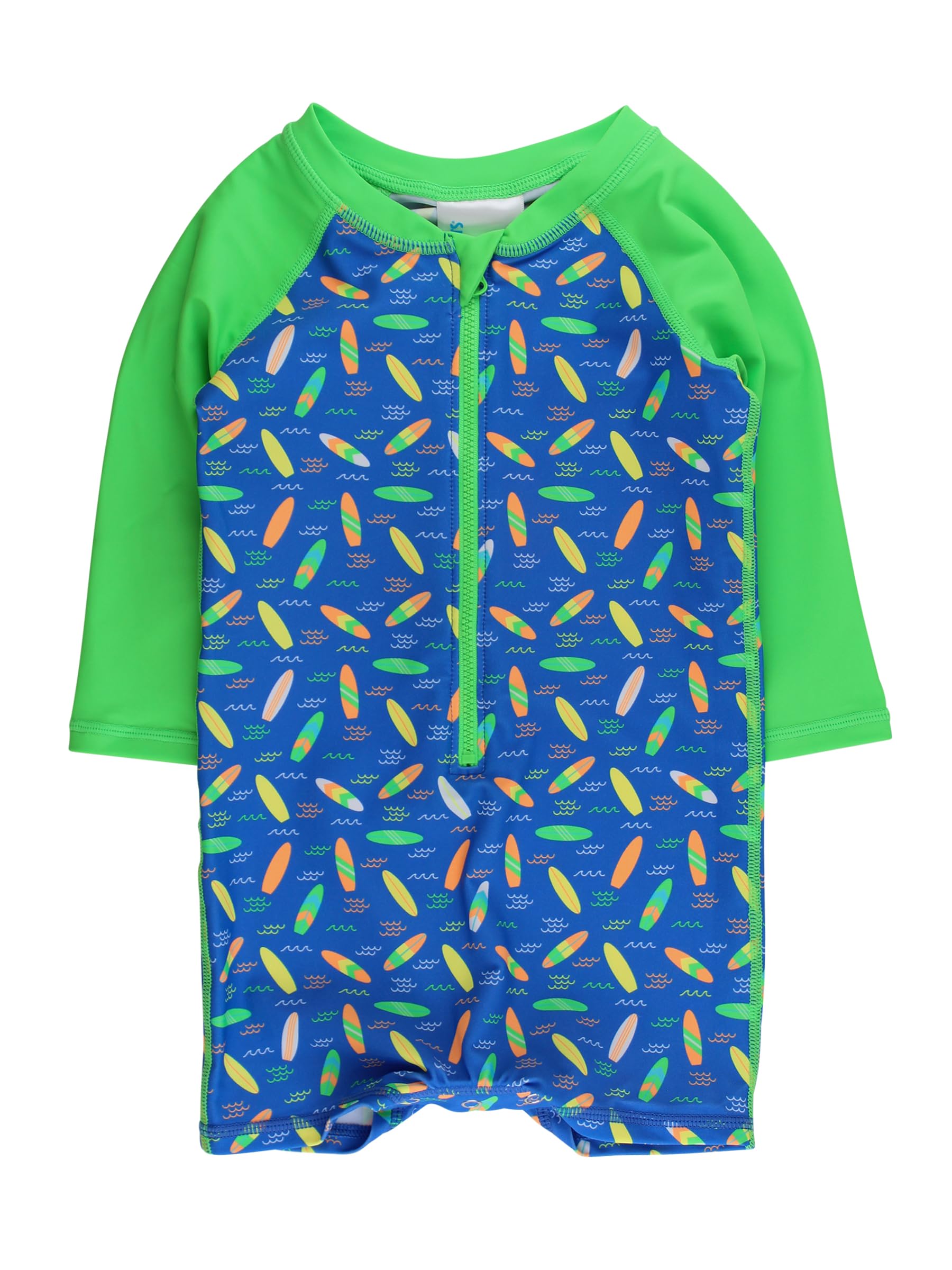 RUGGEDBUTTS Baby/Toddler Boy Swimsuit, One Piece Zipper Rash Guard Sunsuit with UPF 50+ Sun Protection - Neon Surfs Up, 18-24m Image