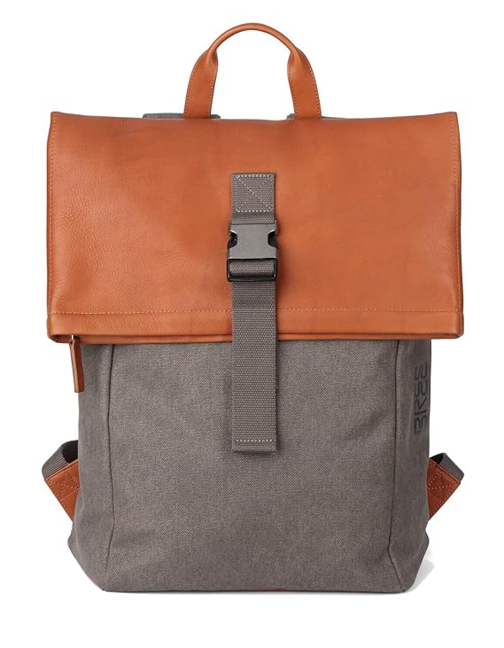BREE Punch Casual 93 | Trendiger Backpack mit einzigartiger Leder-Baumwoll-Kombi | Grey-Cognac-Flap