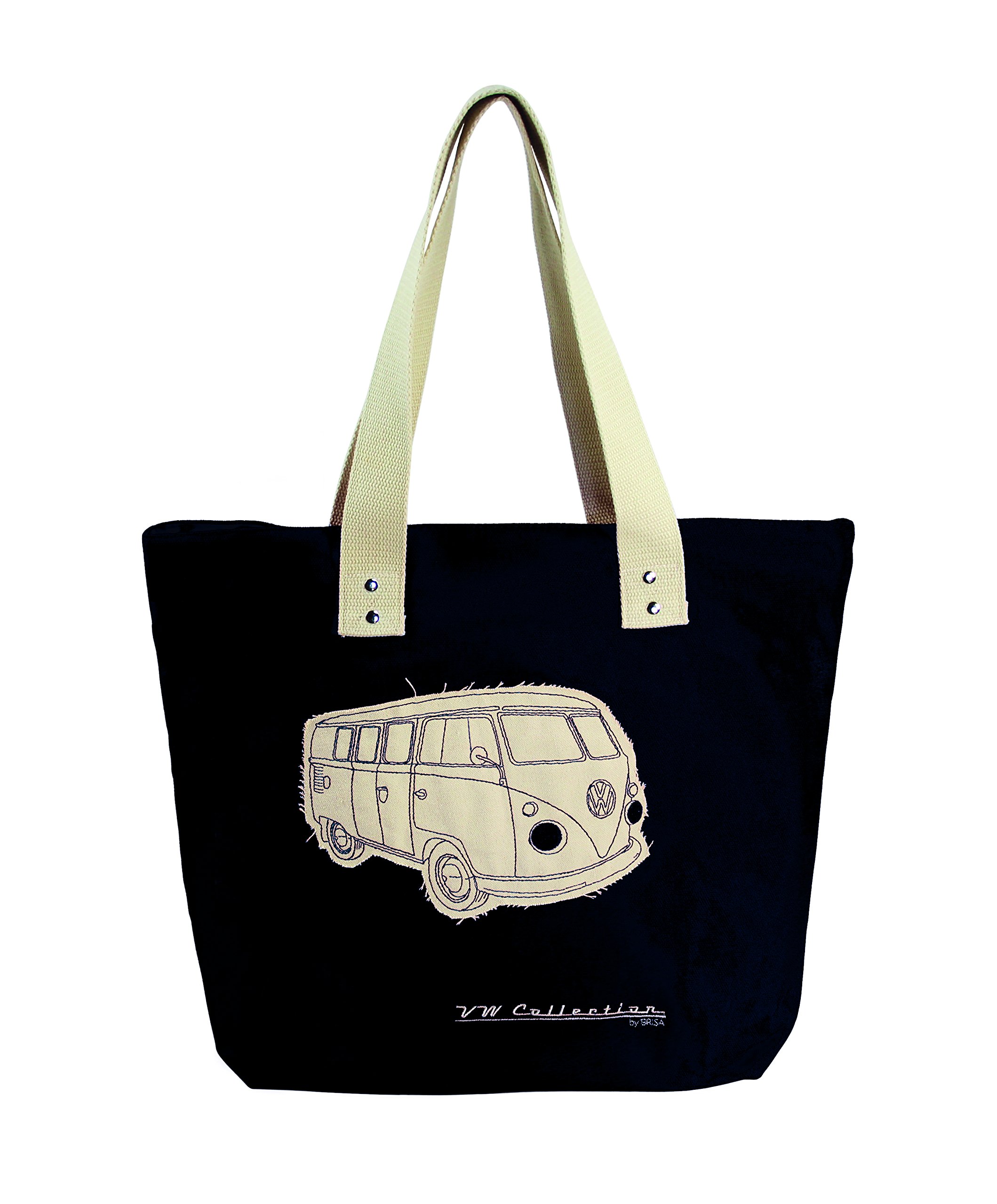 BRISA VW Collection - Volkswagen Reusable Canvas Shopping Beach Bag with T1 Bus Campervan Motif (Silhouette/Black)