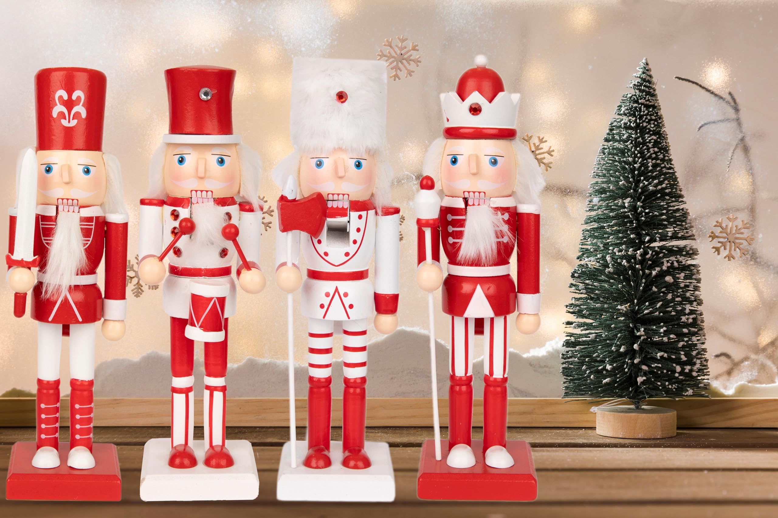SHATCHI 25cm Red/White Wooden Christmas Nutcrackers - 4pcs Set - Soldiers King Drummer Puppet Figurines Home Decoration Ornament