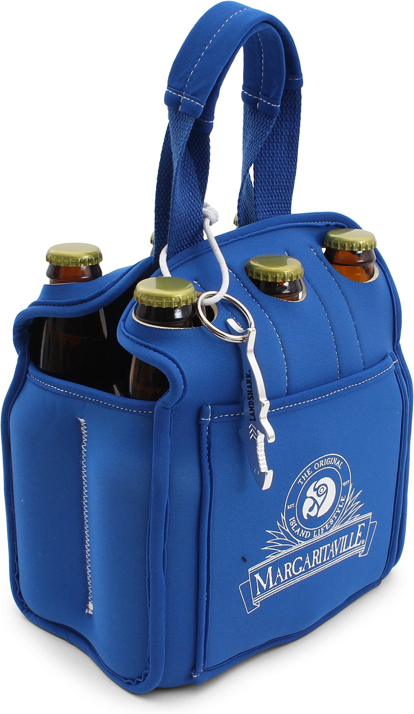 Margaritaville insulated six-pack carrier with bottle opener, Solid Blue, Large